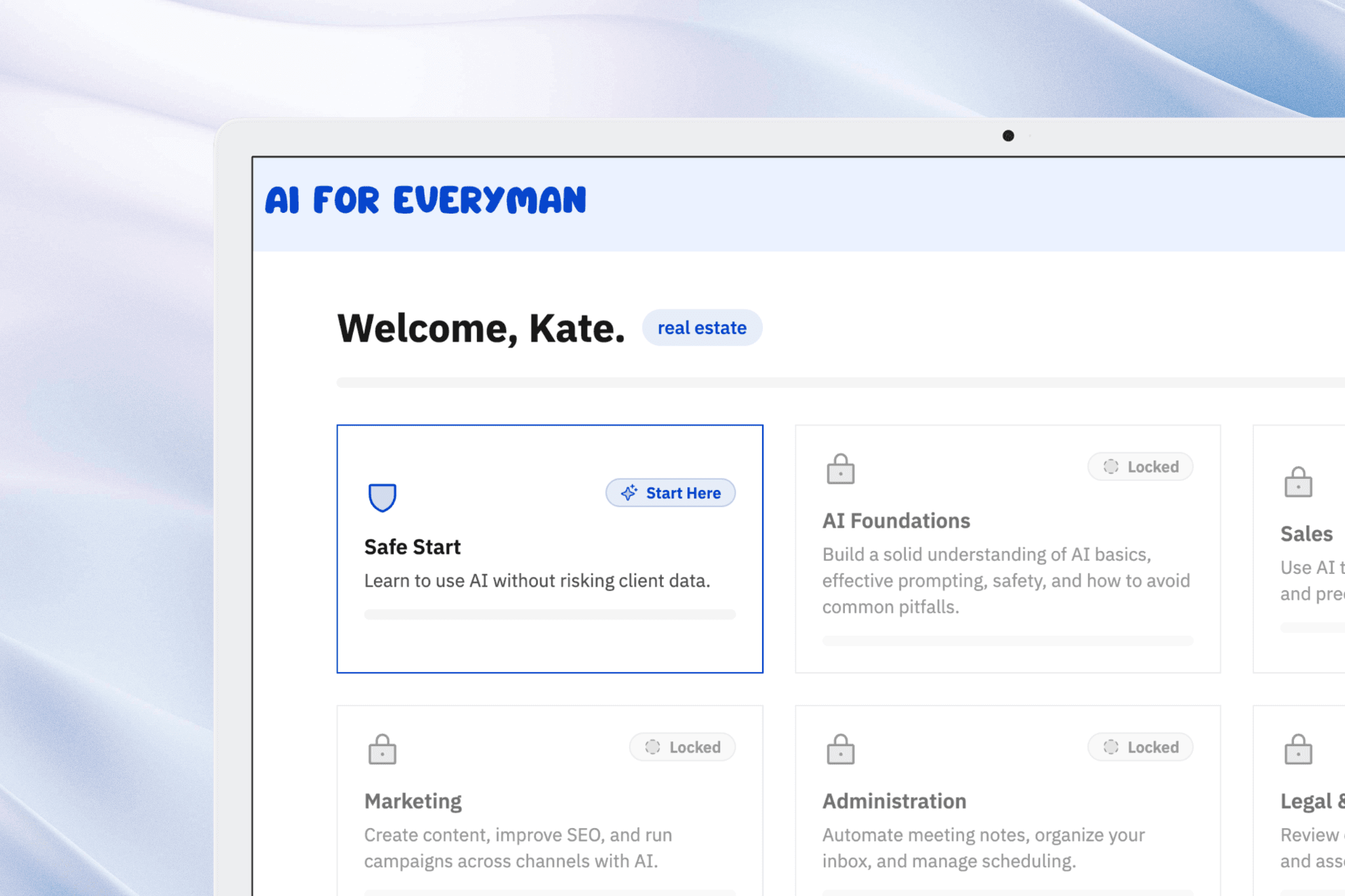 AI for Everyman dashboard for Kate, labeled real estate. The Safe Start module is highlighted with a Start Here button, and AI Foundations, Sales, Marketing, Administration, and Legal and Compliance modules appear locked.