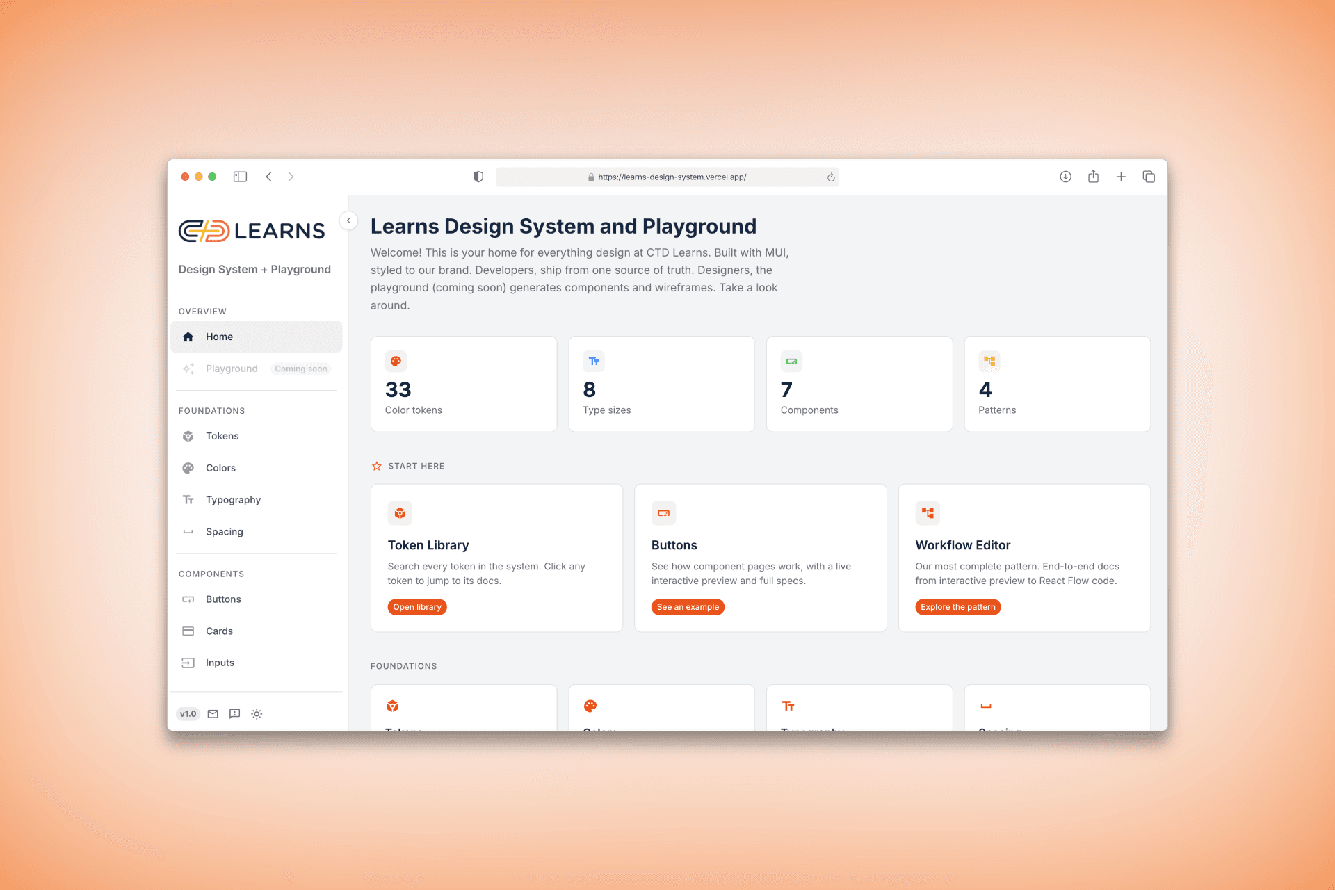 Learns Design System and Playground homepage with sidebar navigation, stat cards for color tokens, type sizes, components, and patterns, and quick-start links.