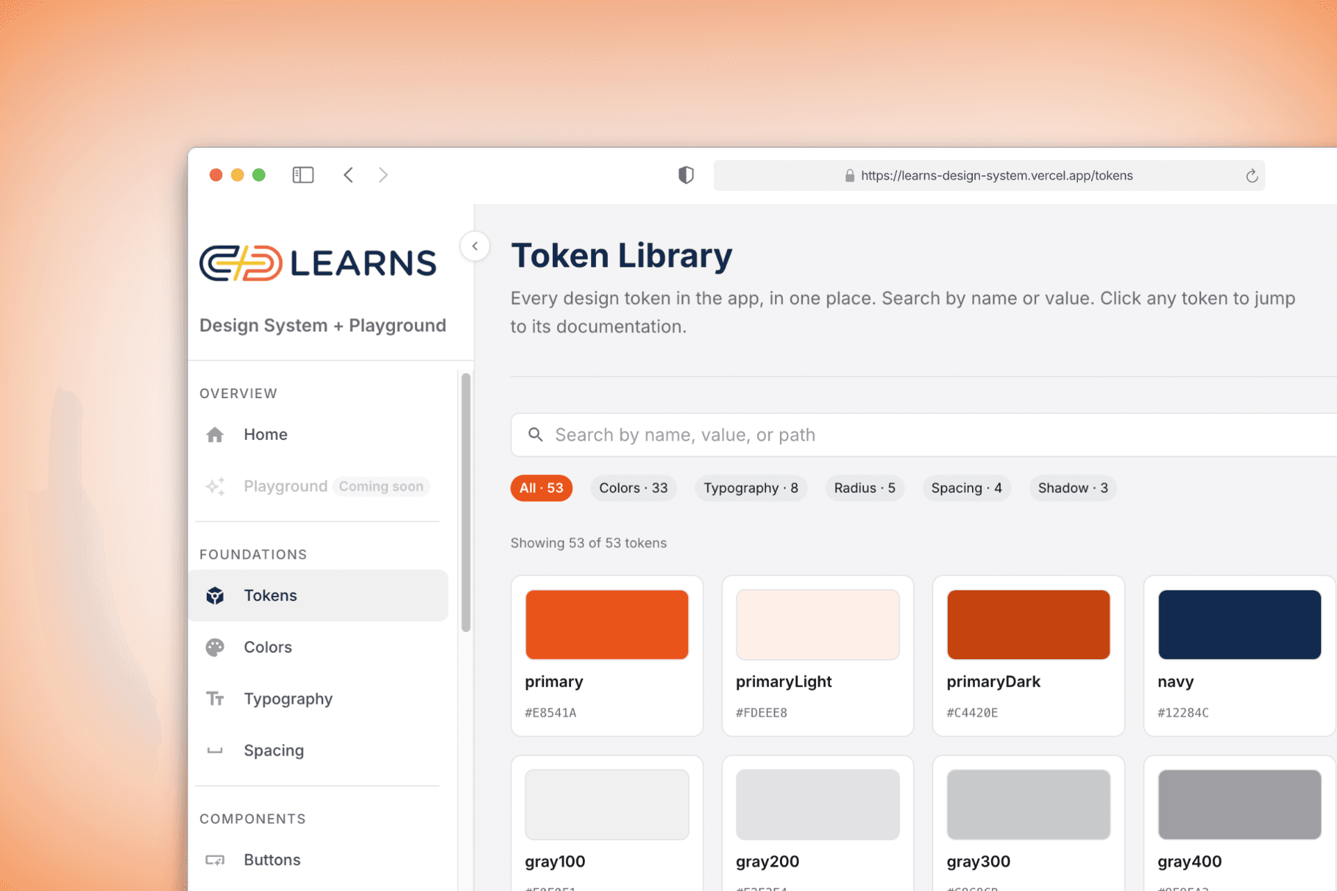 Token Library screenshot. Searchable grid of all design tokens filtered by category (Colors, Typography, Radius, Spacing, Shadow) with color swatches and hex values.