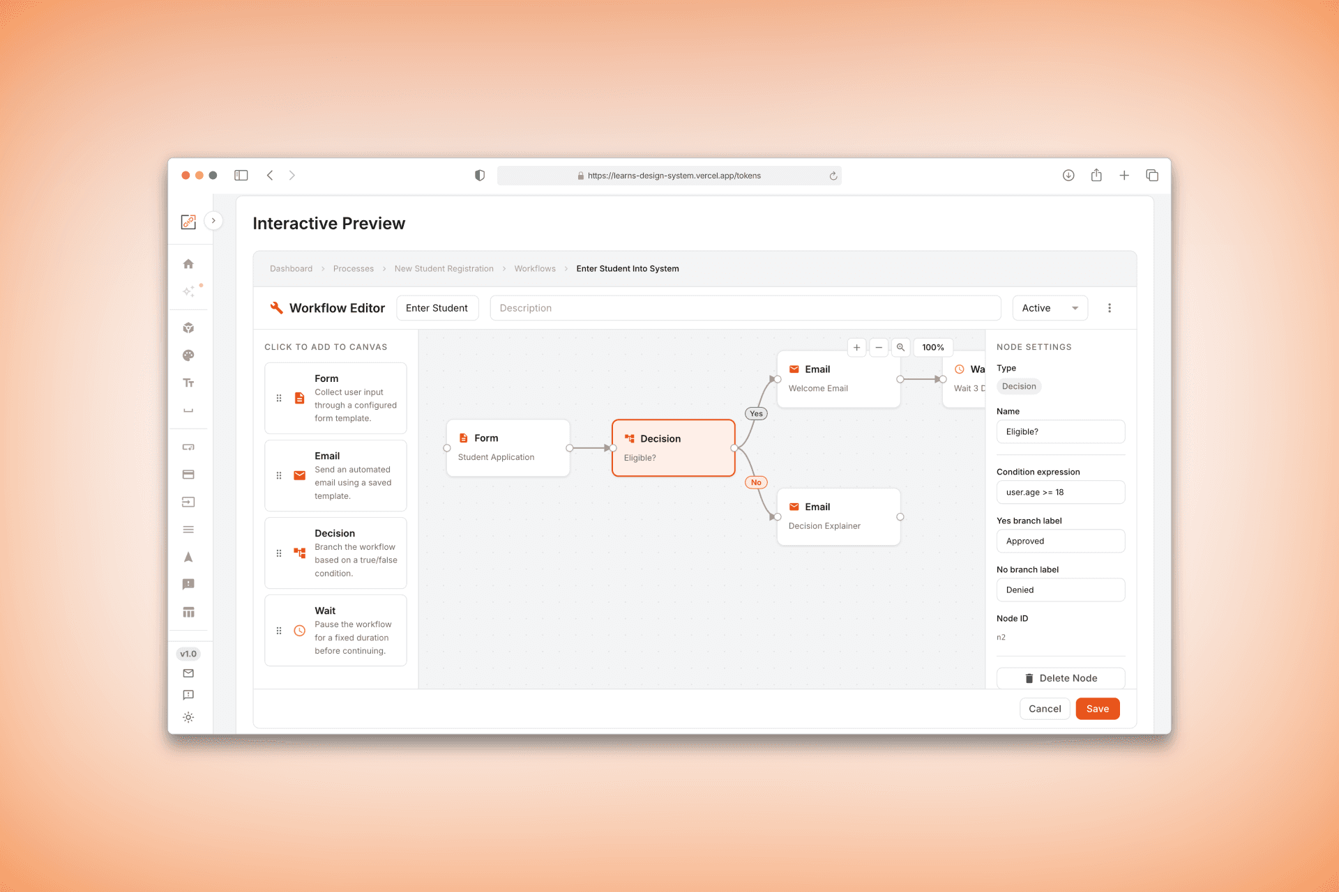 Workflow Editor interactive canvas with Form, Decision, and Email nodes connected by edges, alongside a Node Settings panel.