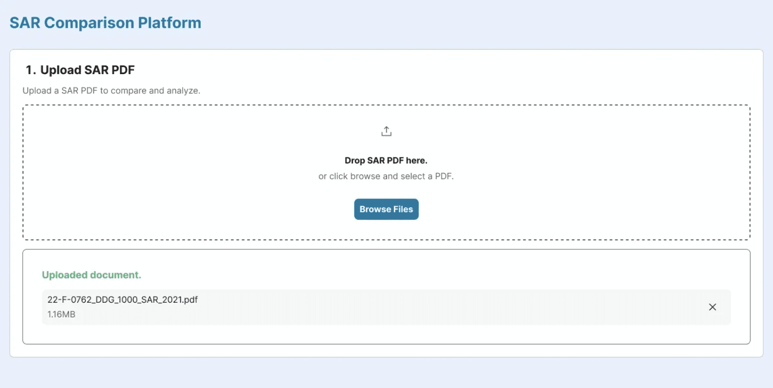 SAR Comparison Platform upload interface with the Quick Glance panel and drop zone for SAR PDFs.