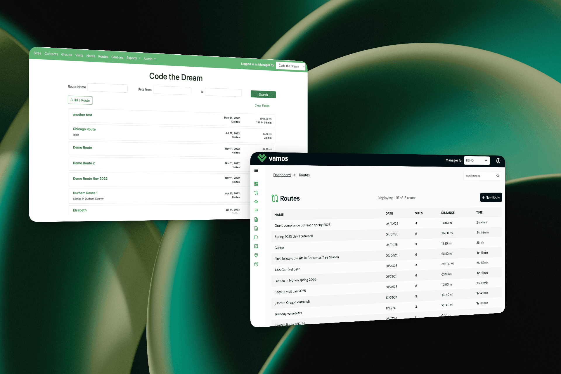 Before and after comparison of the Vamos routes view.