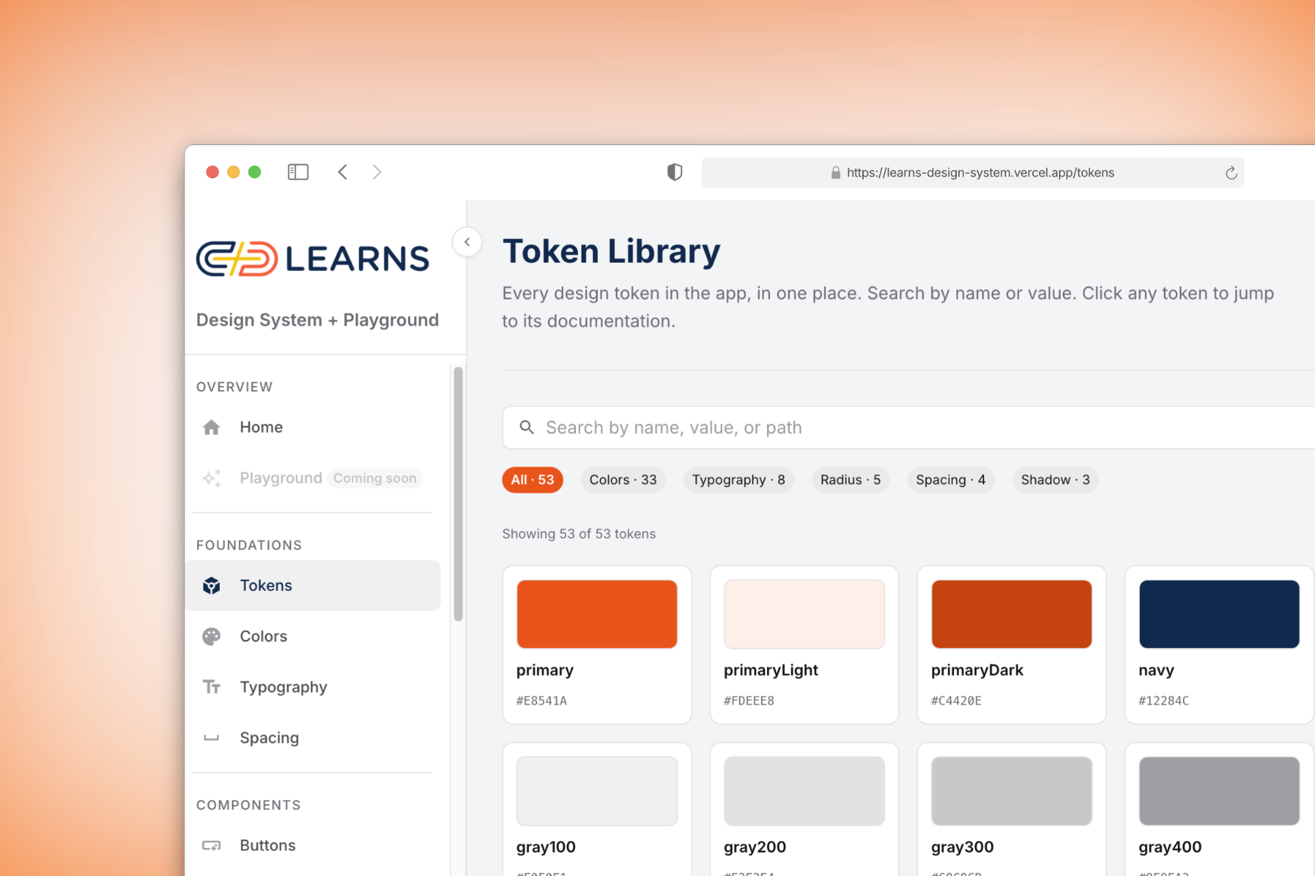 Token Library: a searchable grid of design tokens filtered by category, with swatches and hex values.