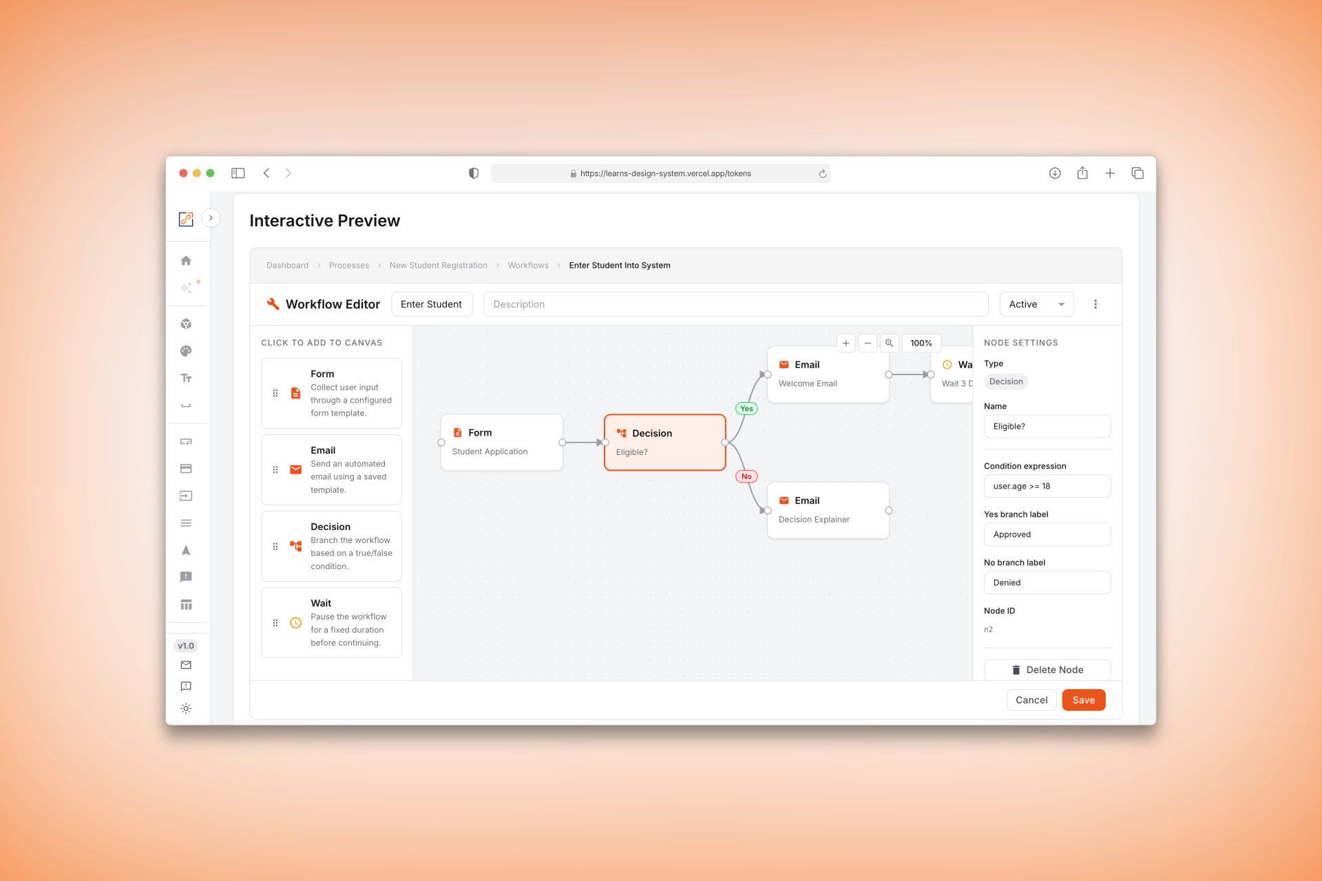 Workflow Editor: an interactive canvas with Form, Decision, and Email nodes connected by edges, beside a settings panel.