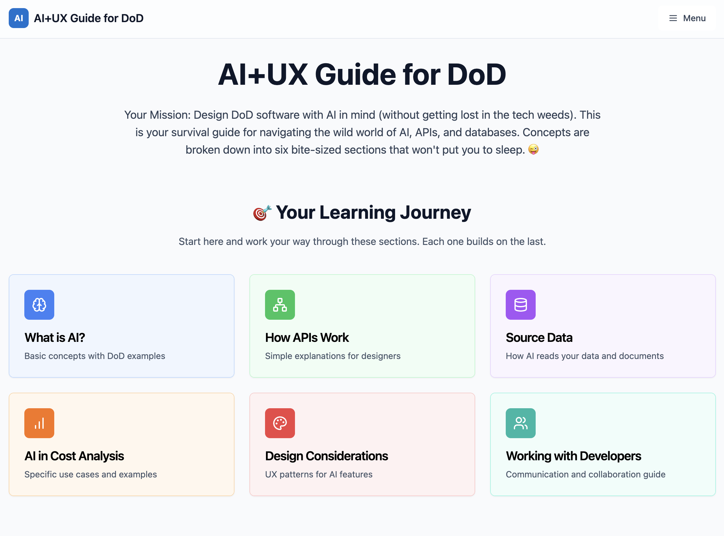 The AI+UX Guide landing page: an intro to the guide above a six-card grid of its sections, from What is AI? to Working with Developers.