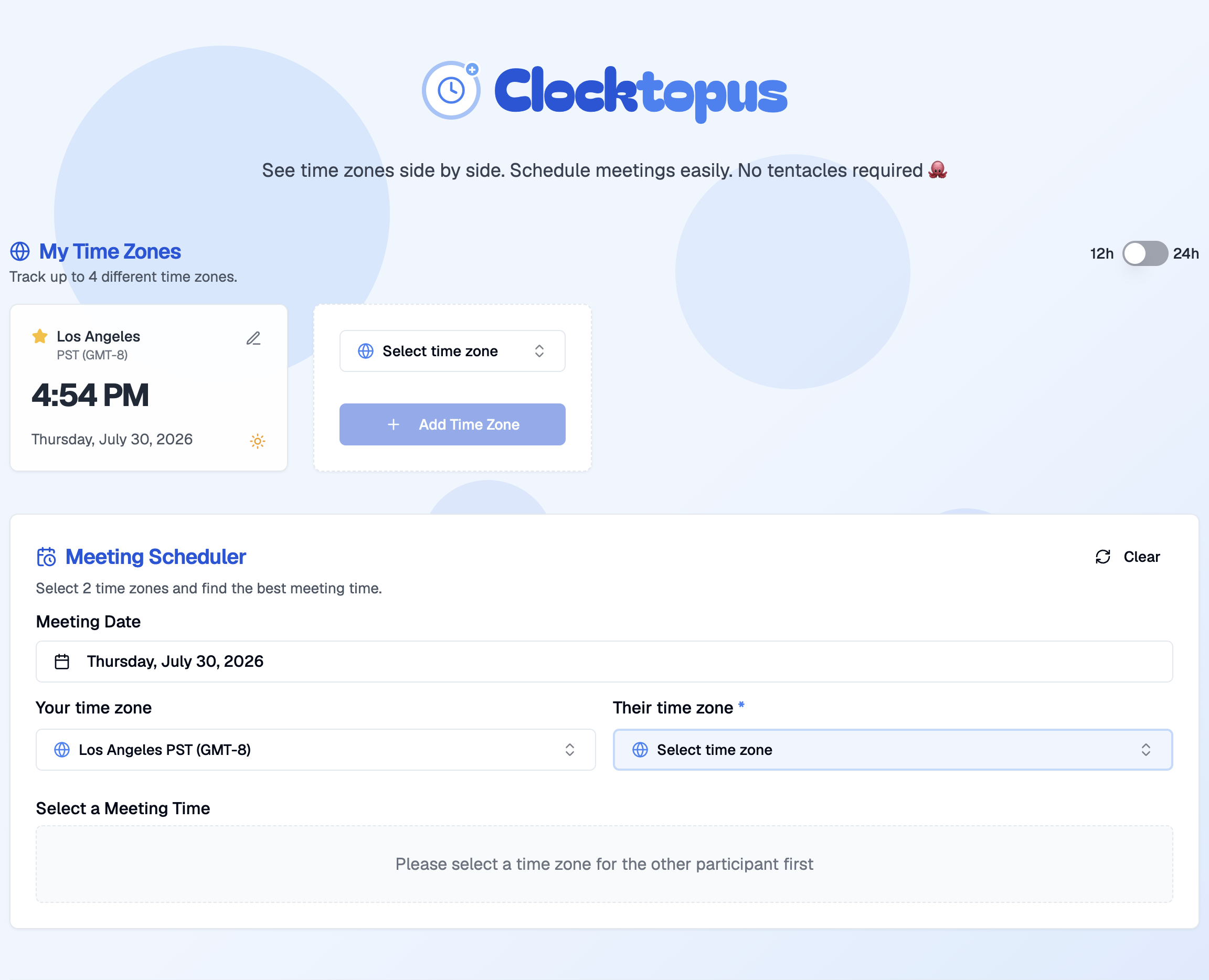 The Clocktopus home screen: a tracked Los Angeles time zone card beside an add-a-zone tile, above the meeting scheduler.