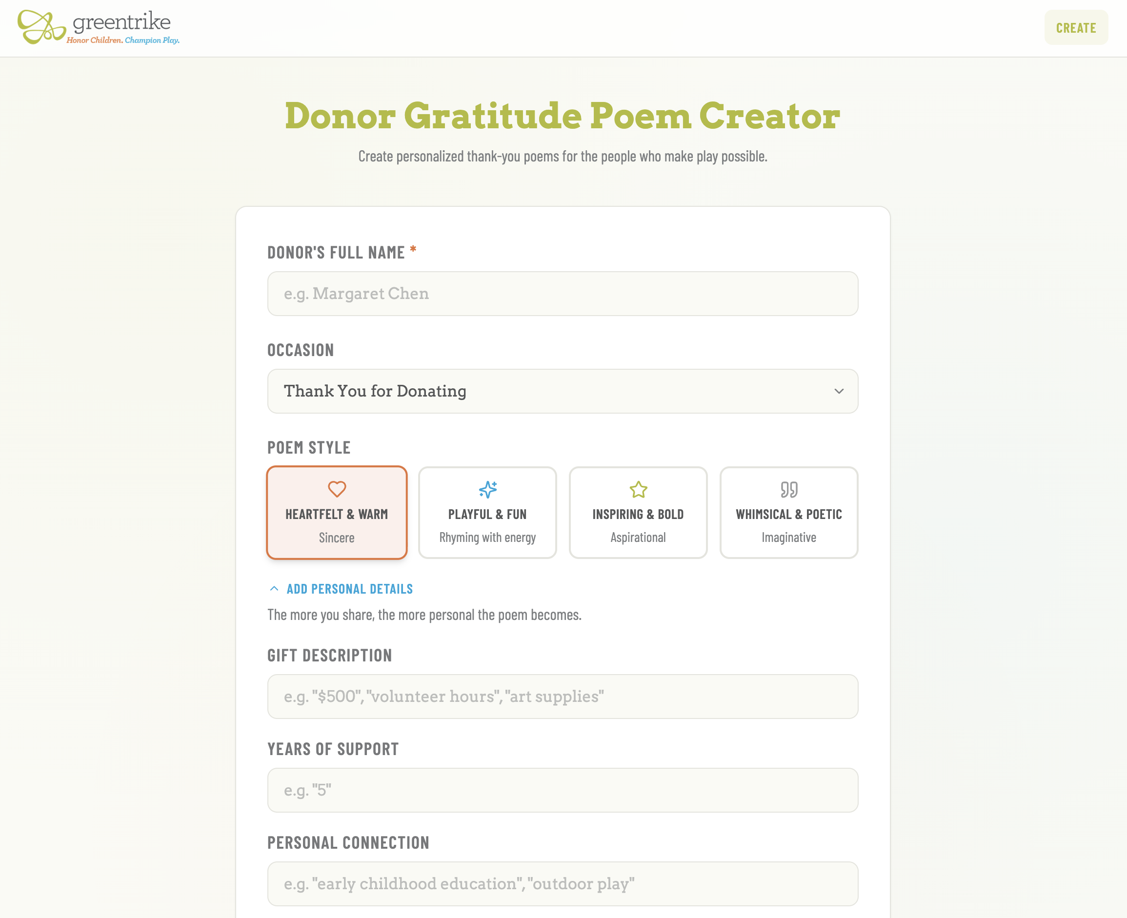 The Donor Gratitude Poem Creator form: donor name and occasion fields above four poem-style choices, from Heartfelt & Warm to Whimsical & Poetic.